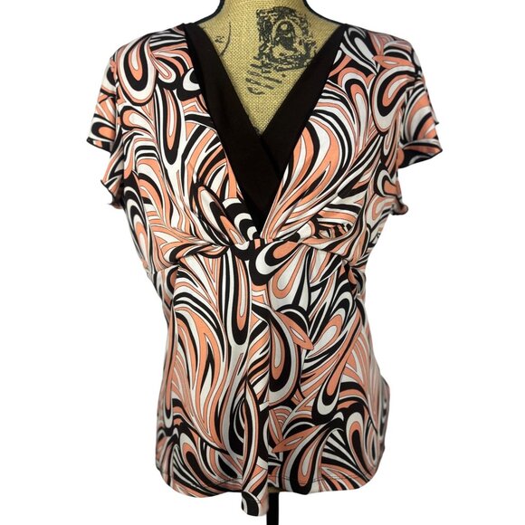 dressbarn Tops - Y2K Babydoll Top Sz L Retro Psychedelic Print Brown and Coral V Neck Flutter Sle